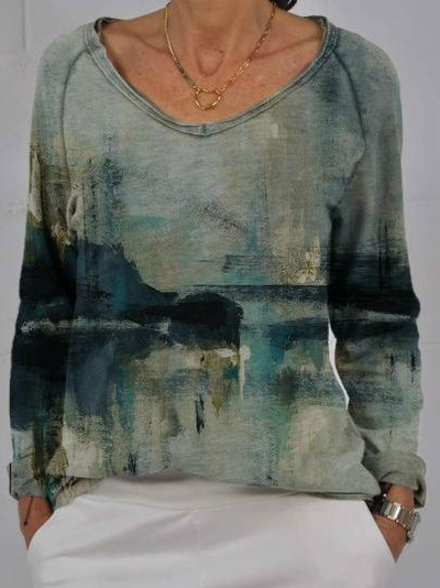 V-neck Oil Painting Landscape Print Long-sleeved T-shirt